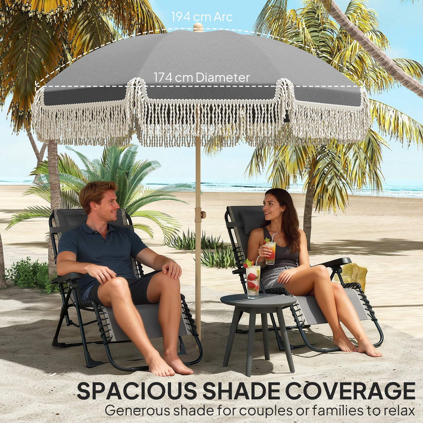 Outsunny 1.7 m Beach Umbrella With Sand Anchor And 30 Degree Tilt Adjustable Height Fringed Parasol Grey