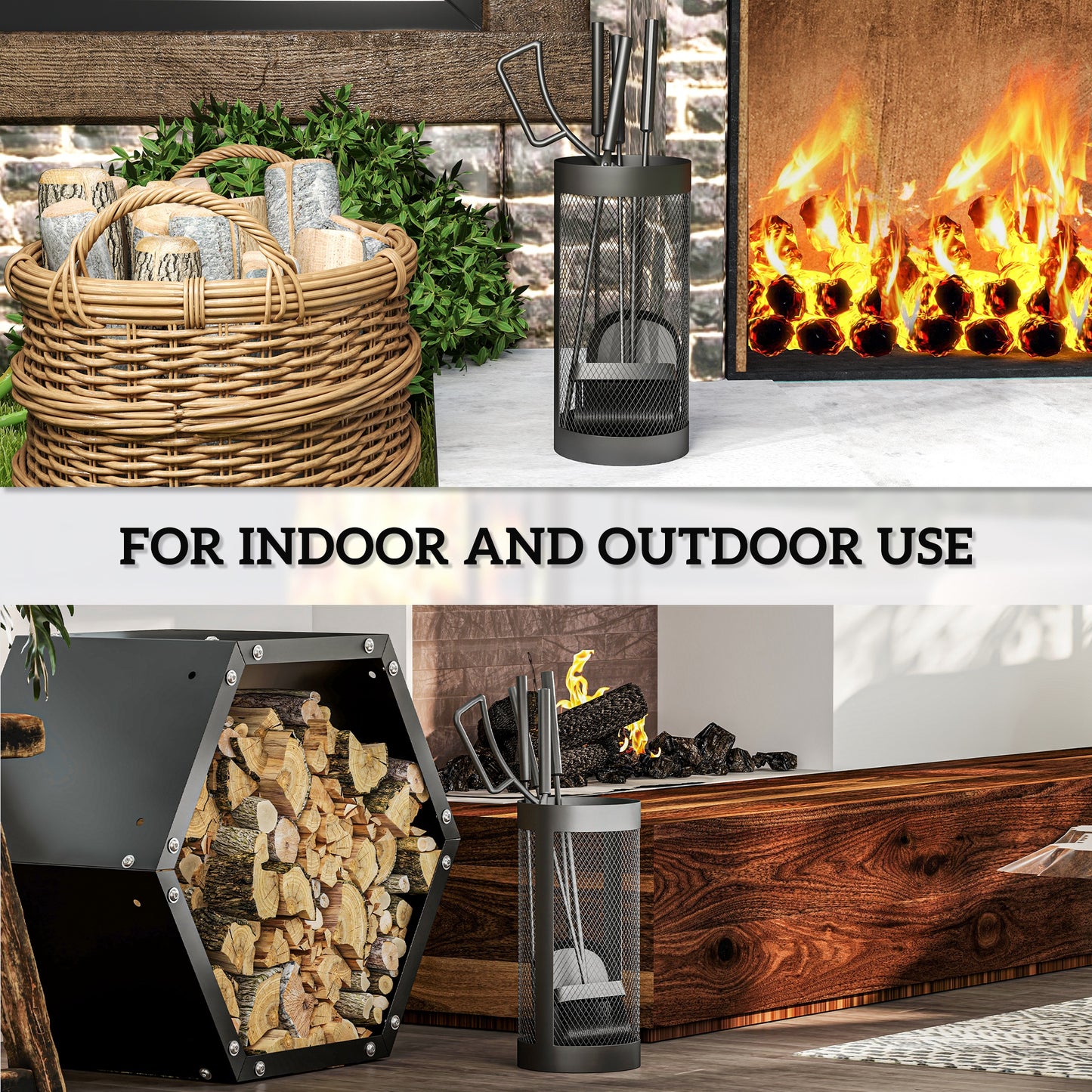 Outsunny 5 Piece Fireplace Tools Set With Mesh Basket Indoor Outdoor Fireside Accessories Black