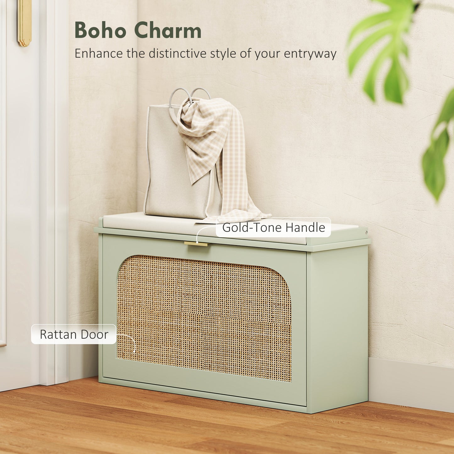 HOMCOM Boho Shoe Bench With Padded Seat And Flip Drawer Linen Feel Fabric Entryway Storage In Light Green