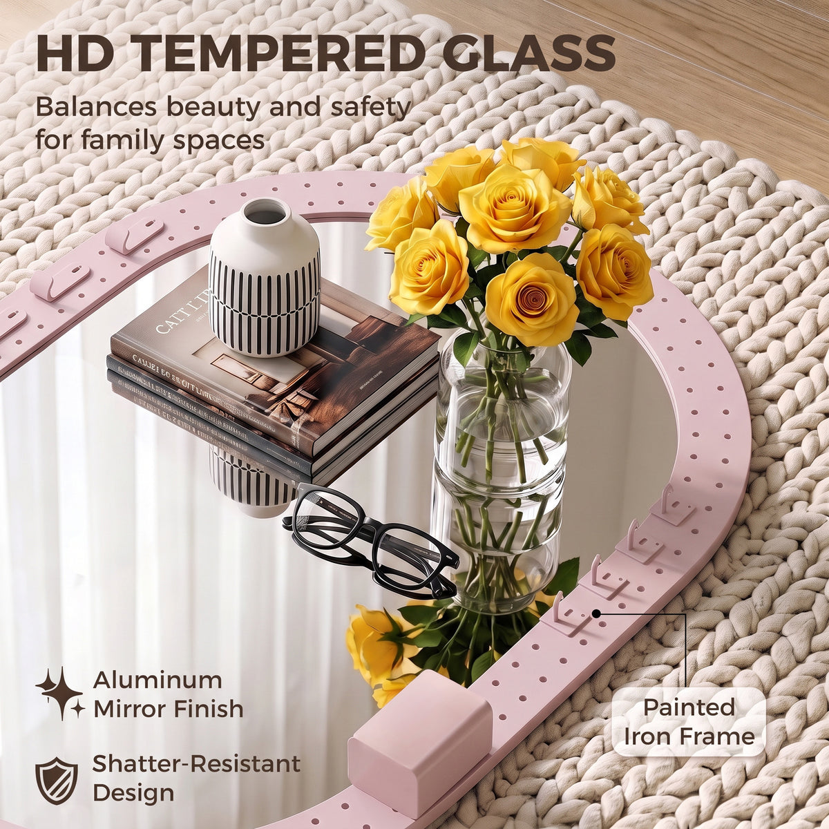 Oval wall mirror with pink pegboard frame, tempered glass, and storage tray