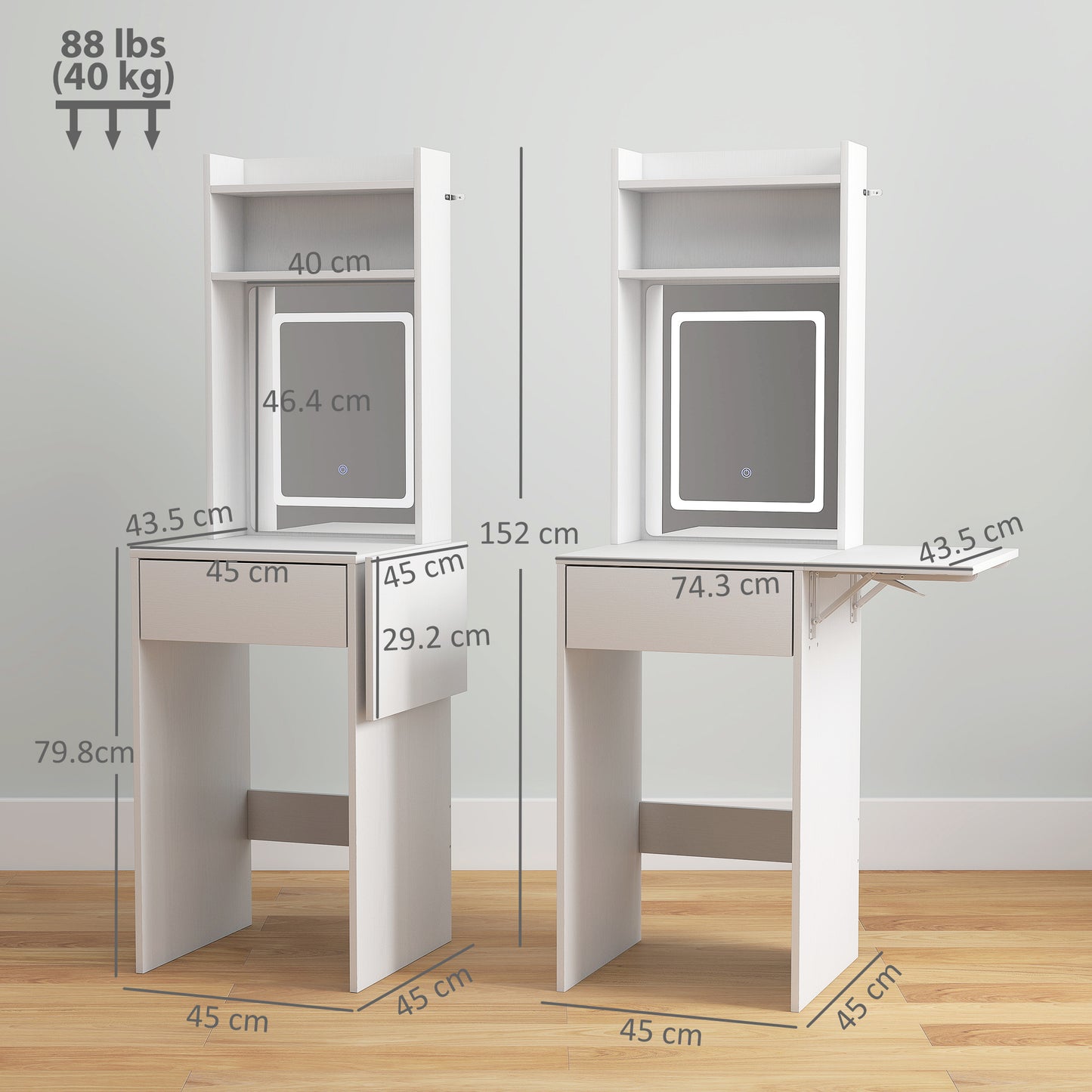 HOMCOM Small Vanity Desk With Mirror And Led Lights Compact Dressing Table With Drop Leaf Open Shelves And Drawer White