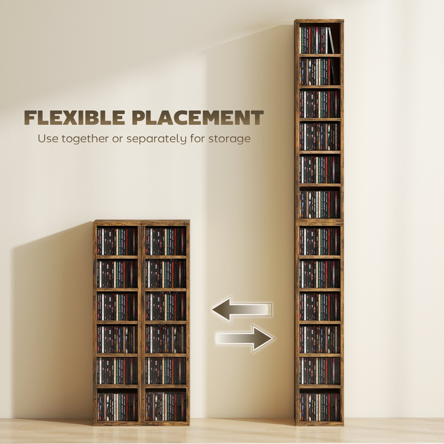 HOMCOM Set Of 2 CD Media Display Shelves Tower Rack With Adjustable Shelves Rustic Brown