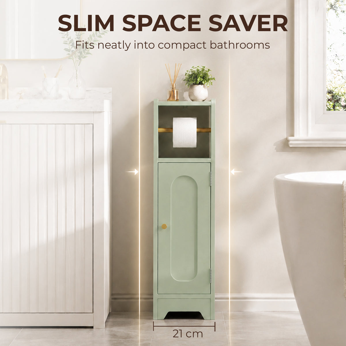 Light green slim bathroom storage cabinet with toilet roll holder and door storage