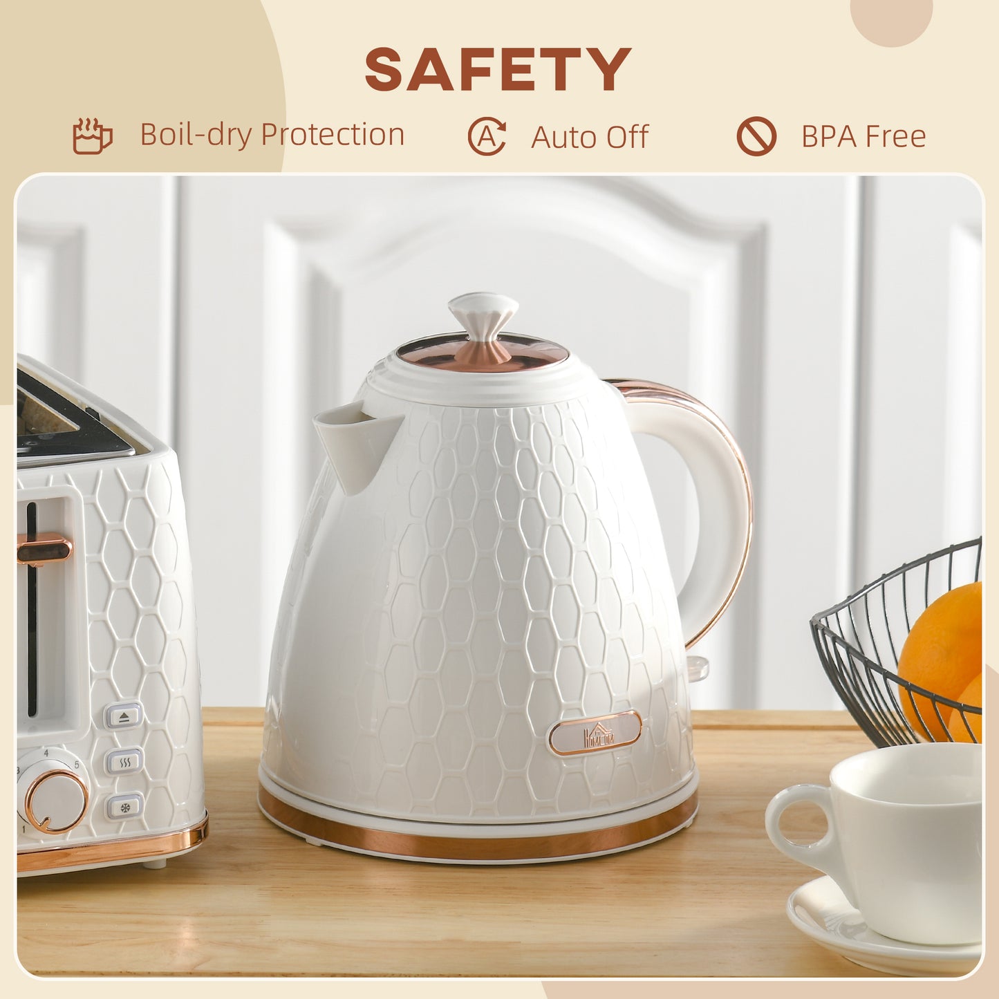 HOMCOM 3kW Rapid Boil Honeycomb Electric Kettle Cream Finish Fast Boiling Tea Coffee