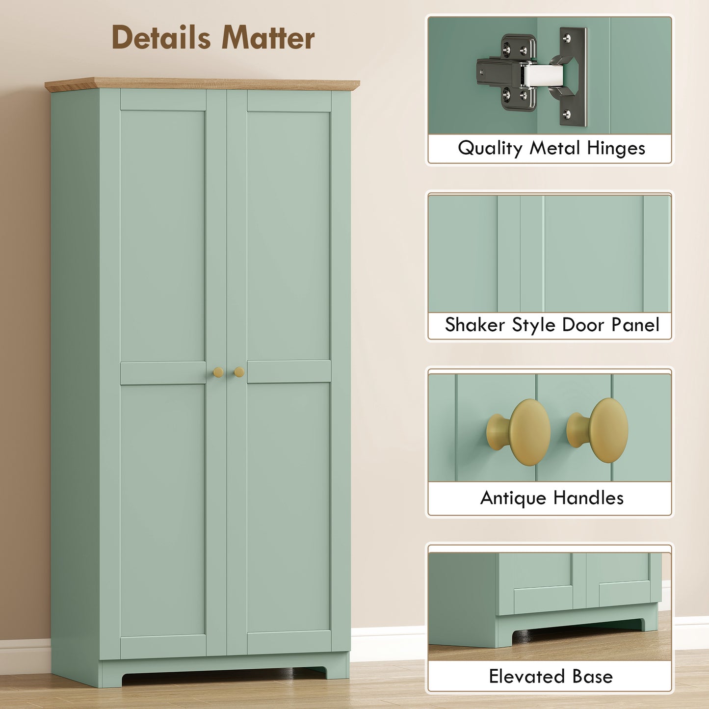 HOMCOM Kitchen Cupboard Freestanding Storage Cabinet With Doors And Shelves 172cm Light Green