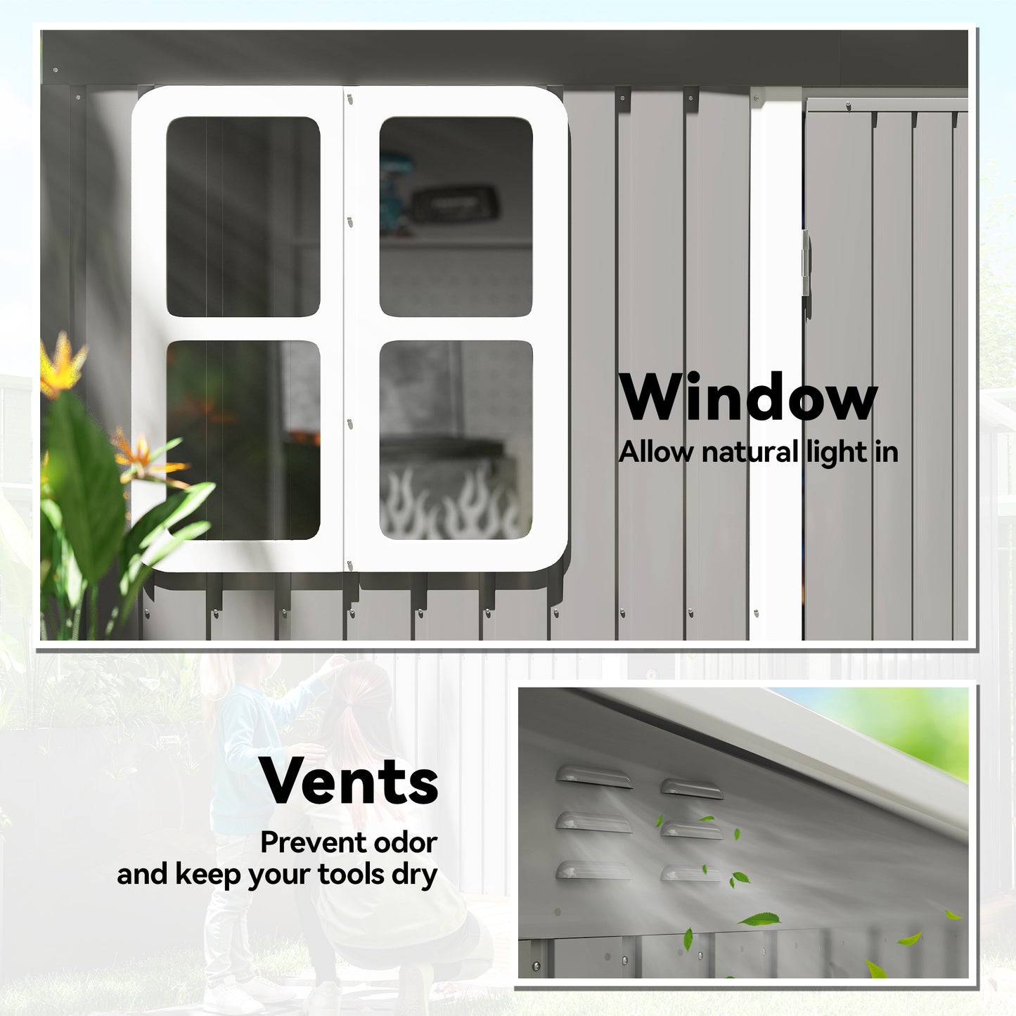 Outsunny 8.5 x 6ft Galvanised Steel Storage Shed With Foundation Kit Window Lockable Wide Doors Light Grey