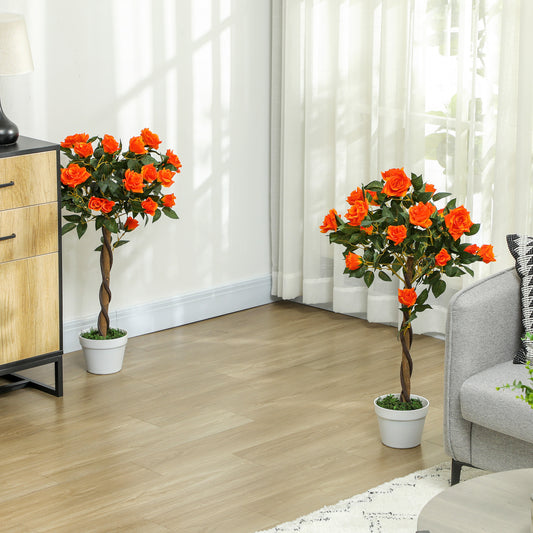 Outsunny Set Of 2 Artificial White Rose Plants In Pots Realistic Faux Indoor Decor 90cm Tall
