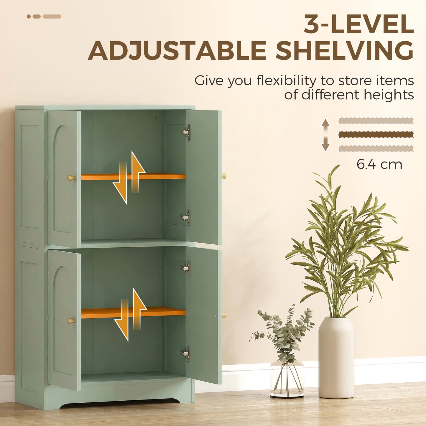 HOMCOM Four Door Kitchen Storage Cabinet With Adjustable Shelves Green Arched Door Panels And Gold Tone Handles