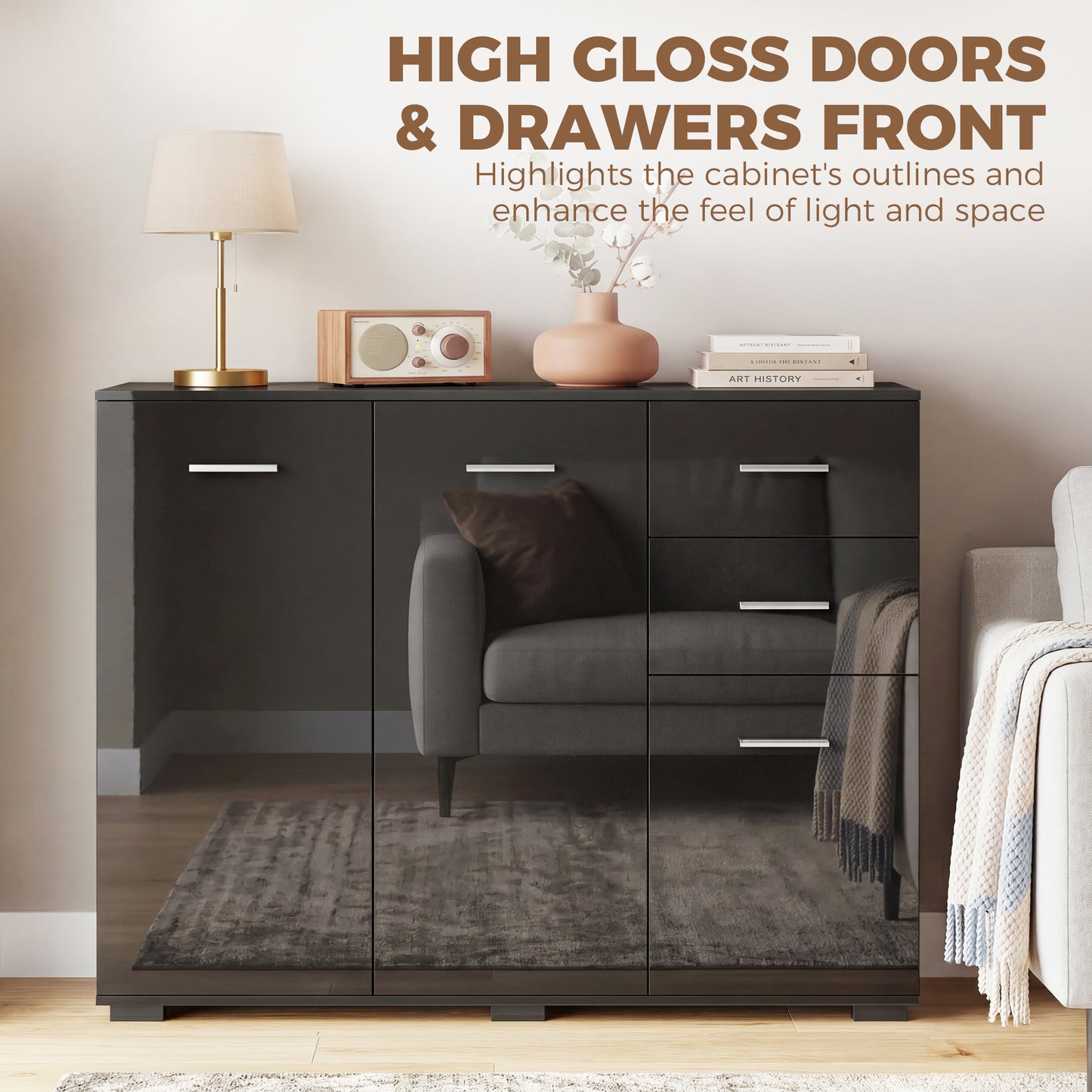 HOMCOM Modern Sideboard Storage Cabinet With 2 Drawers And 3 Doors Adjustable Shelves High Gloss Black
