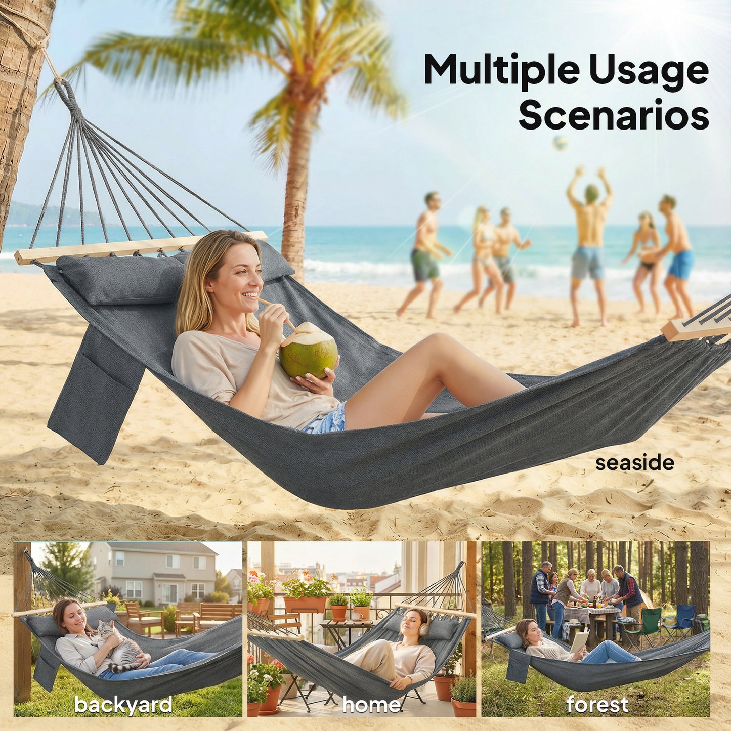 Outsunny Cotton Hammock Portable Swing With Headrest And Side Pocket For Outdoor Relaxation Dark Gray