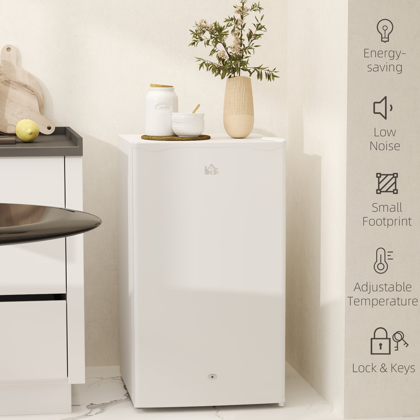 HOMCOM 91L Freestanding Under Counter Fridge With Lock White Compact Small Kitchen Home Office
