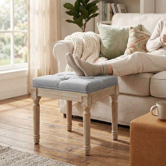 HOMCOM Vintage Foot Stool With Tufted Square Seat And Wood Legs In Light Grey Soft Cushioned Comfort