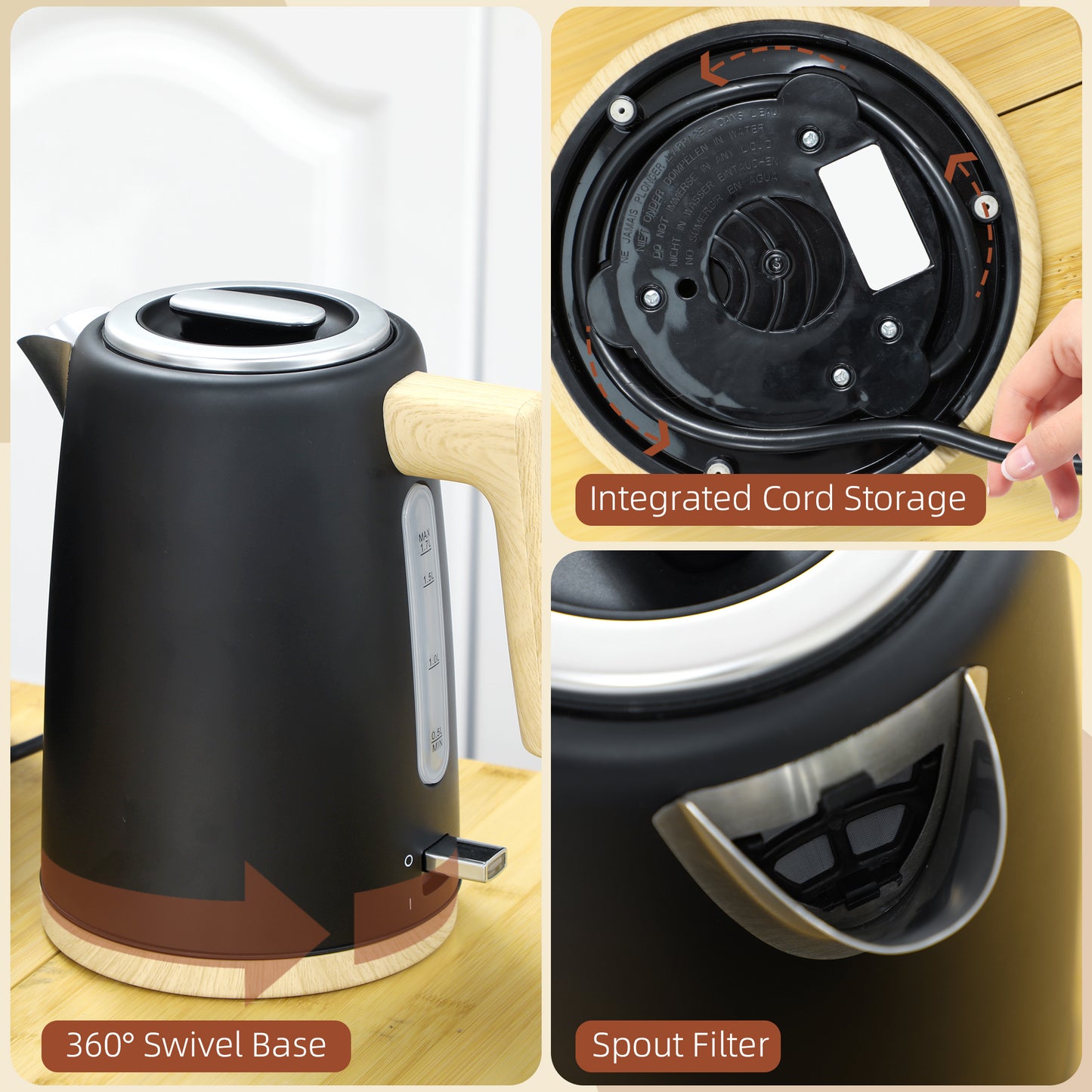 HOMCOM Stainless Steel Kettle And Toaster Set 1.7L 3000W 2 Slice With 7 Browning Levels Defrost Reheat Auto Off Black
