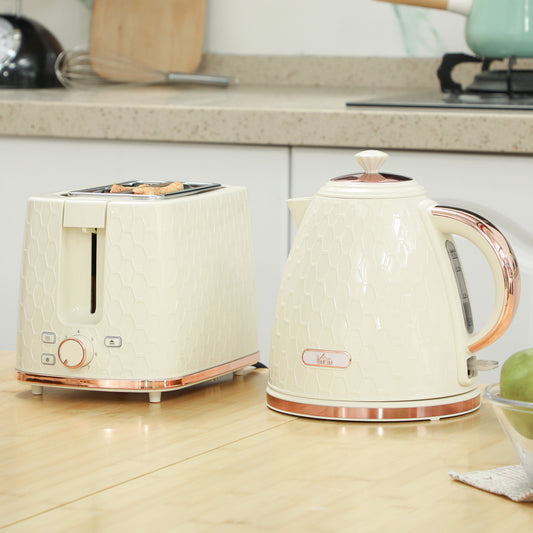 HOMCOM 1.7L 3000W Fast Boil Kettle And 2 Slice Toaster Set With Auto Shut Off Browning Controls Beige Honeycomb
