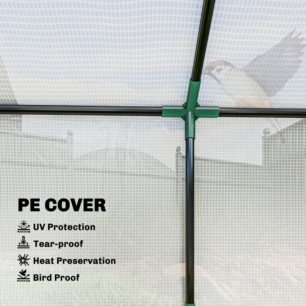 Portable mini greenhouse with white mesh cover and green frame corner joint