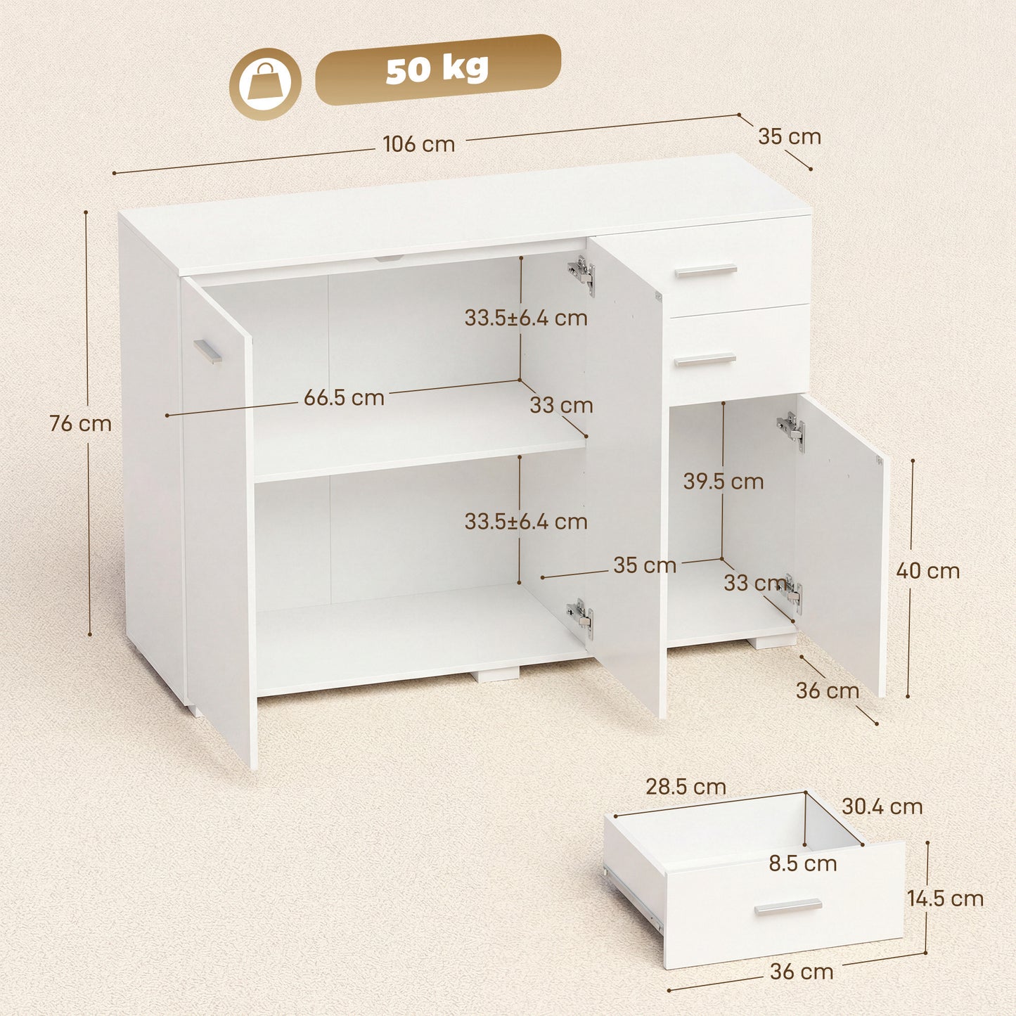 HOMCOM White Sideboard Cabinet With 2 Drawers 3 Doors And Adjustable Shelves For Modern Storage