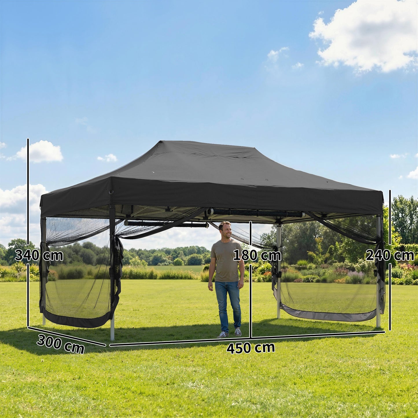 Outsunny 3 By 4.5 Meter Pop Up Gazebo With Mesh Netting UPF50 Plus Heavy Duty Outdoor Garden Tent Marquee Black