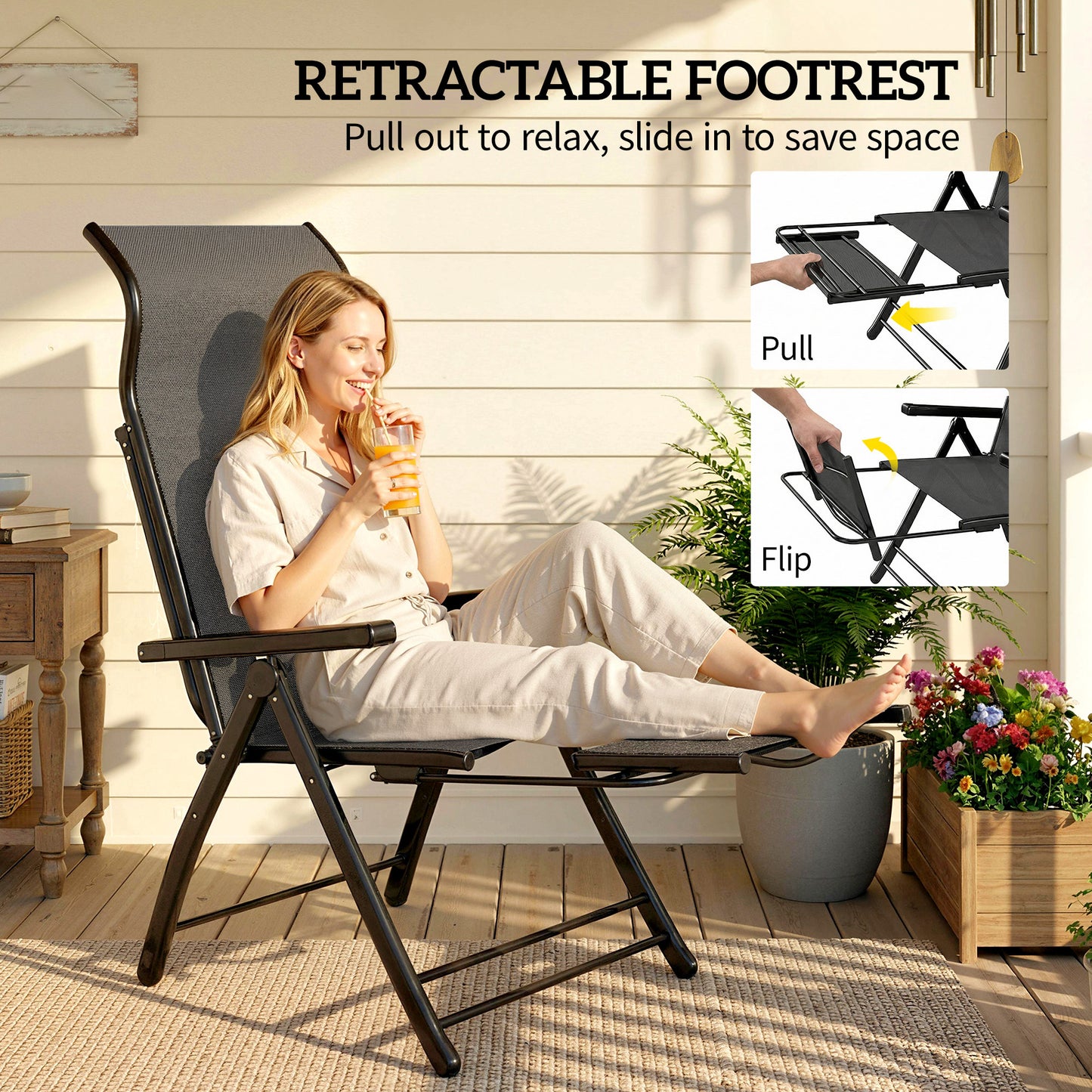 Outsunny Reclining Garden Chairs 2 Pack 5 Position Folding Sun Loungers With High Back Retractable Footrest Dark Grey