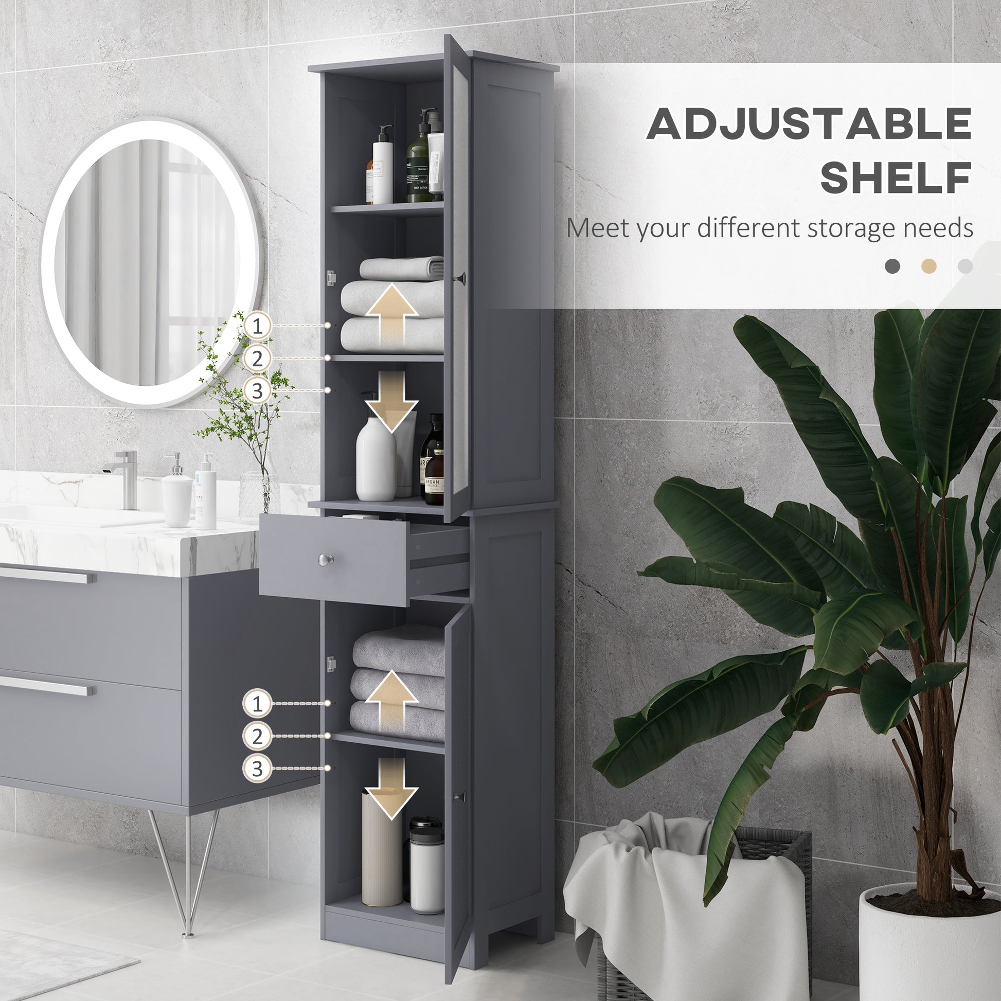 Slim Grey Bathroom Storage Cabinet with 3-Tier Shelves and Drawer - Tall Free Standing Organizer - ALL4U RETAILER LTD