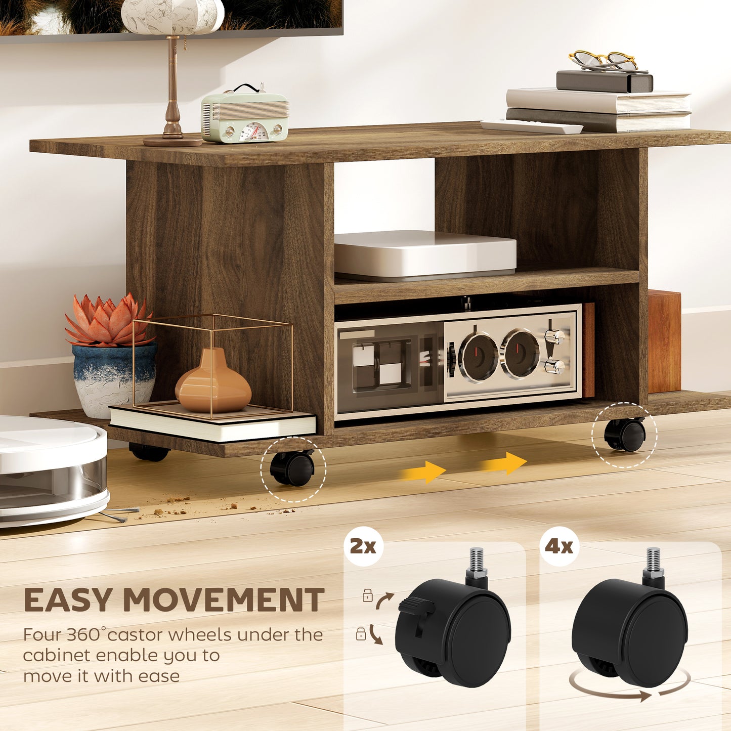 HOMCOM Modern TV Cabinet Stand With Storage Shelves Mobile Bookcase Walnut Casters