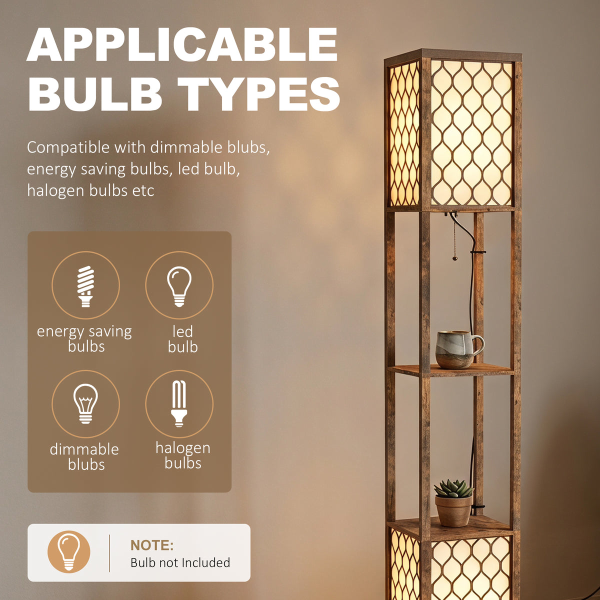 Rustic brown floor lamp with dual illuminated panels and shelf openings for small decor.