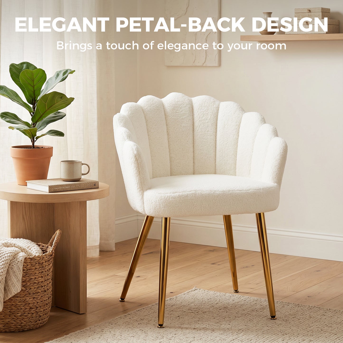 HOMCOM Petal Back Lounge Chair With Metal Legs Cream Armchair For Living Room And Bedroom