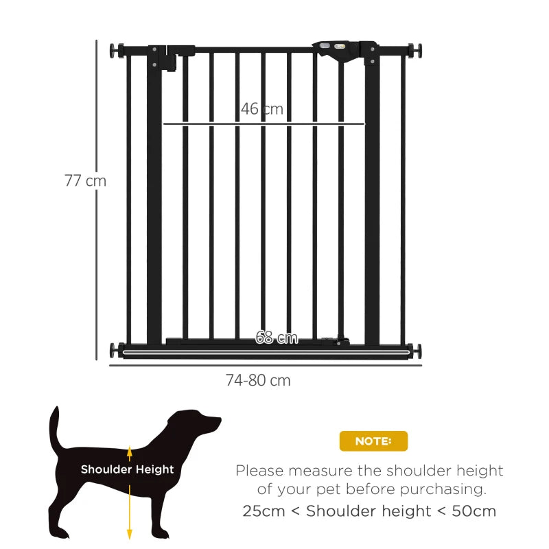 PawHut Metal Adjustable Dog Gate - Black, Expandable from 74-80cm Width - ALL4U RETAILER LTD