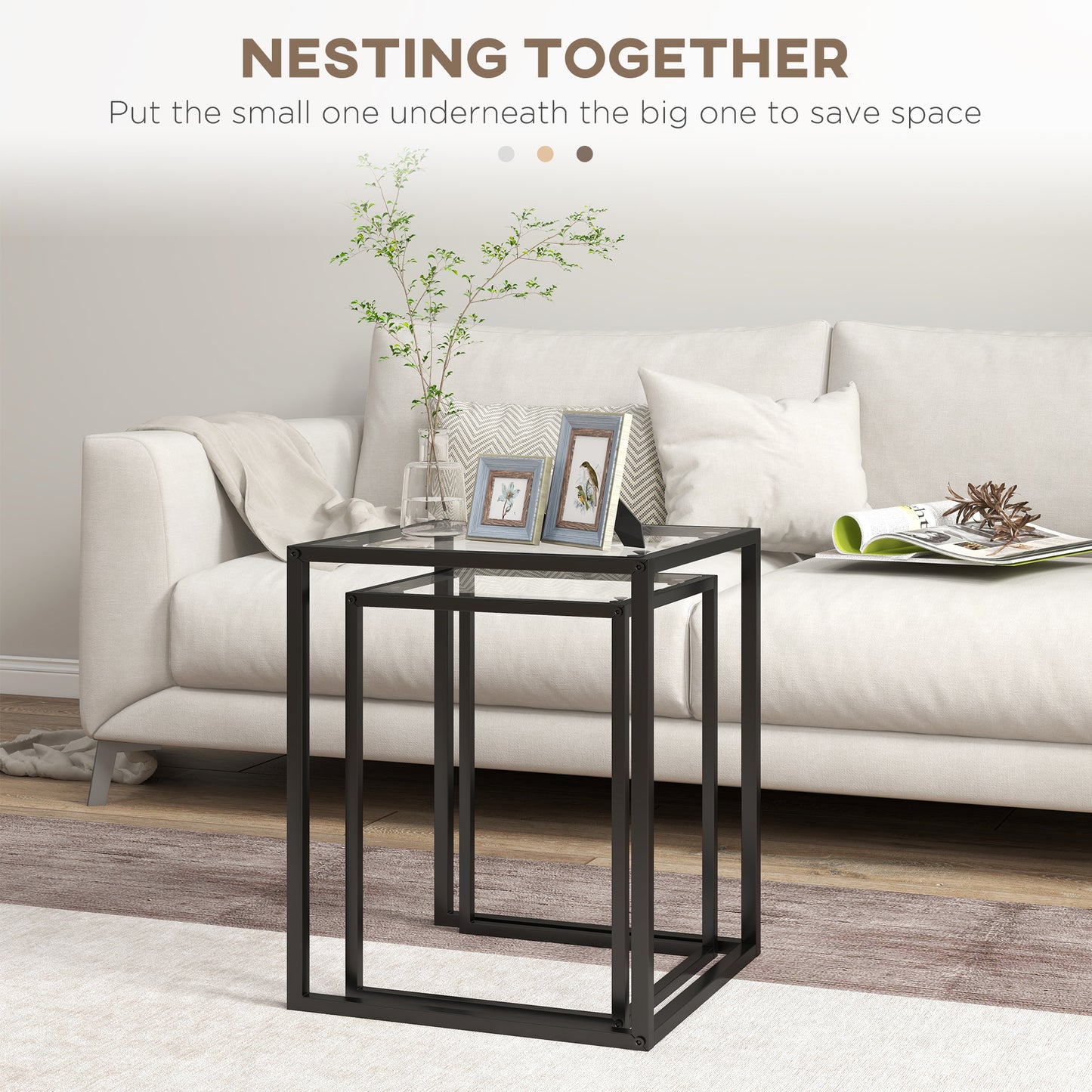 HOMCOM Nesting Tables Set of 2 With Tempered Glass Tops and Steel Frame Space Saving End Tables for Living Room Black