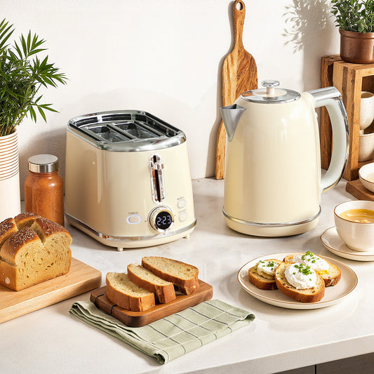 HOMCOM Polished Retro Kettle And Toaster Set Cream With 40-100 Celsius Temperature Control And Memory Function
