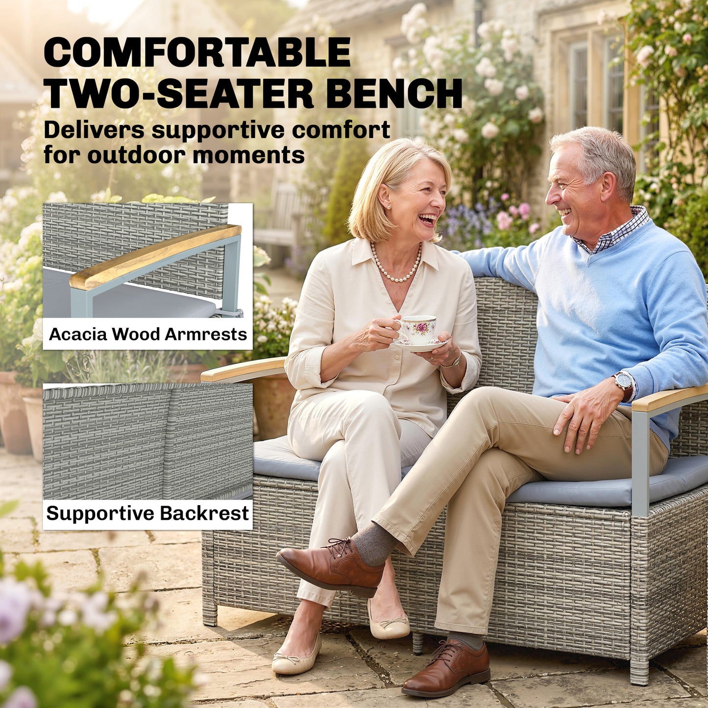 Outsunny 170 L Garden Storage Bench Zipped Liner 2 Seater Rattan With Gas Strut Cushion Light Grey