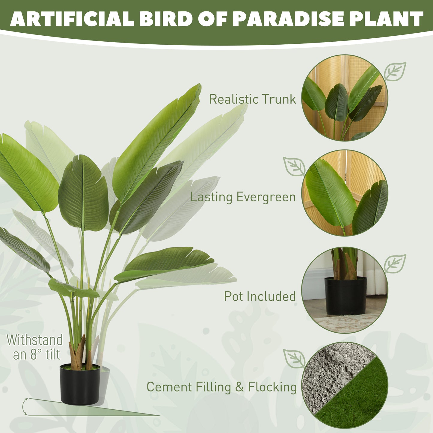 HOMCOM 109cm Artificial Bird of Paradise Plant in Pot with PEVA Leaves Banana Leaf Tree for Home Office Decor Green
