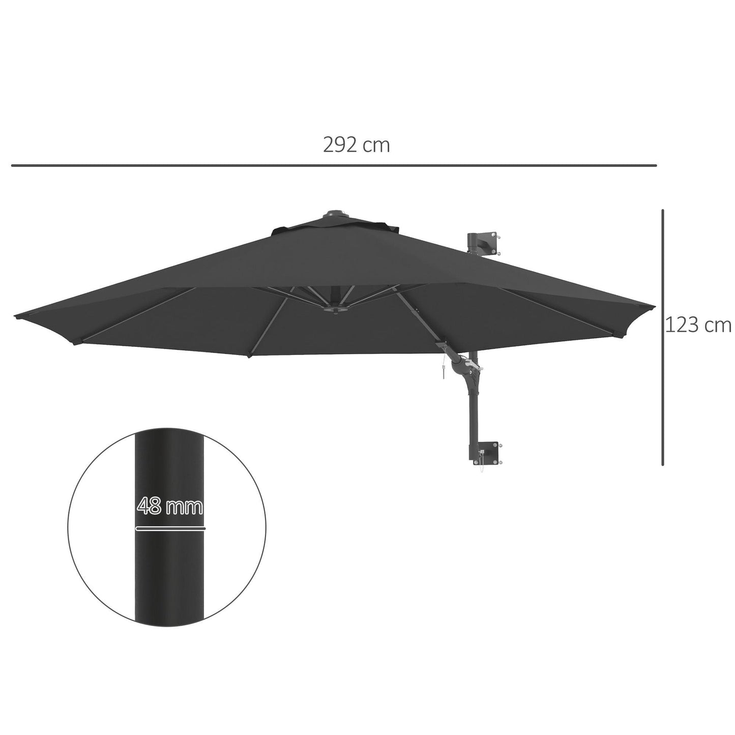 Outsunny Wall Mounted Umbrella with Vent, Garden Patio Parasol Umbrella Sun Shade Canopy, Charcoal Grey - ALL4U RETAILER LTD