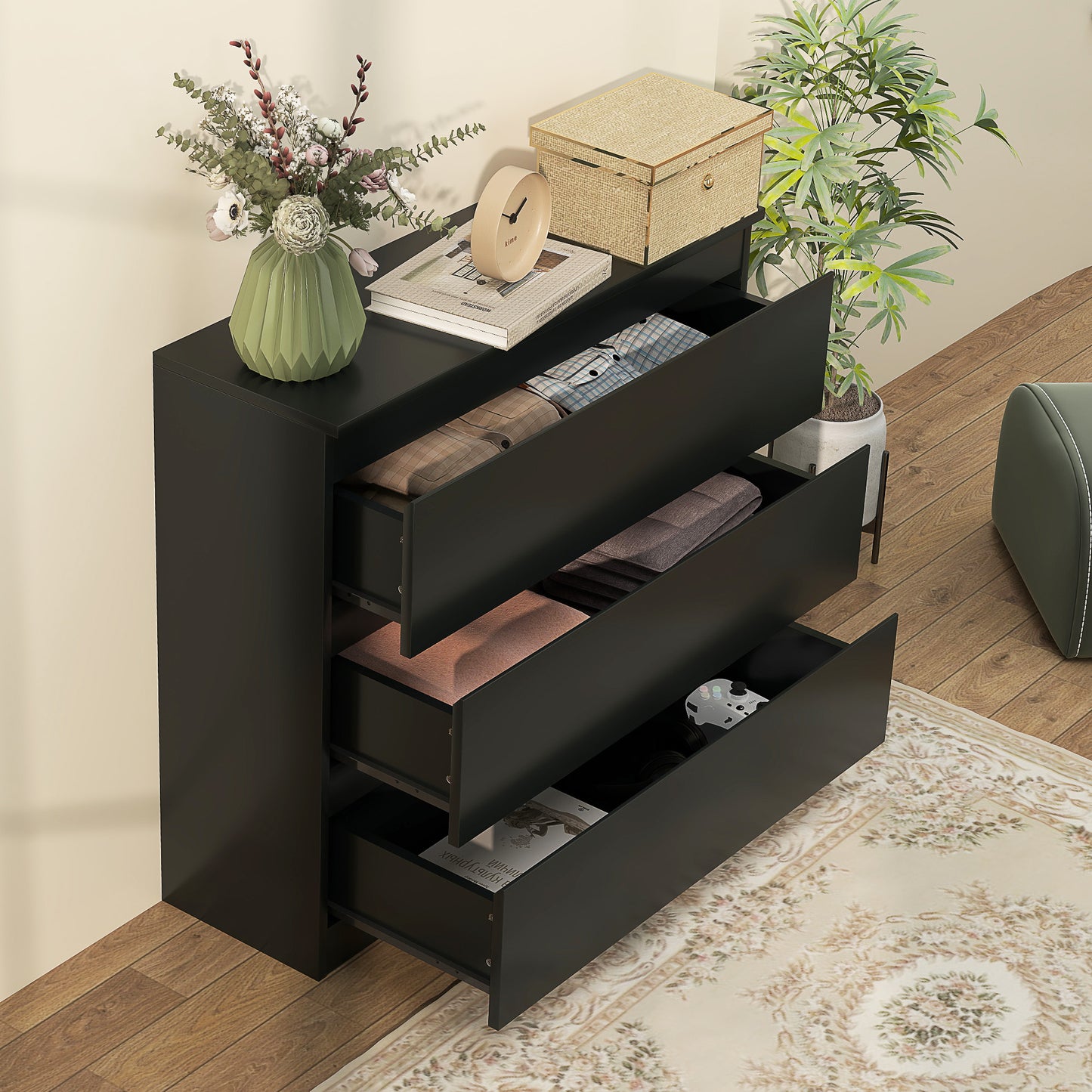 HOMCOM Chest Of Three Drawers Black Modern Dresser For Bedroom Storage And Organization