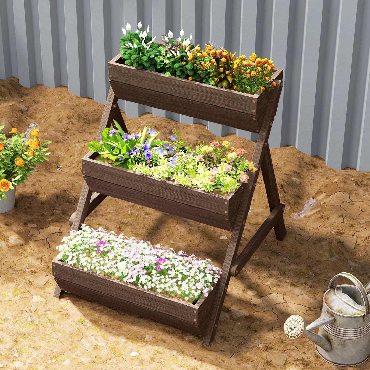 Outsunny 3 Tier Raised Garden Bed Wooden Elevated Planter Box Kit 66L for Flowers Vegetables Herbs Tan 65x75x78cm