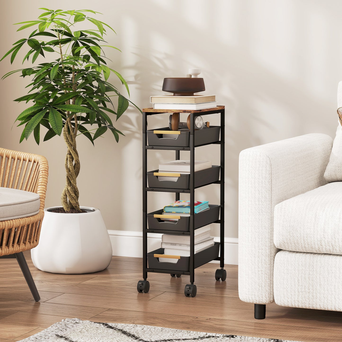 HOMCOM 5 Tier Storage Trolley On Wheels Black With Wood Effect Top Kitchen Cart For Small Spaces