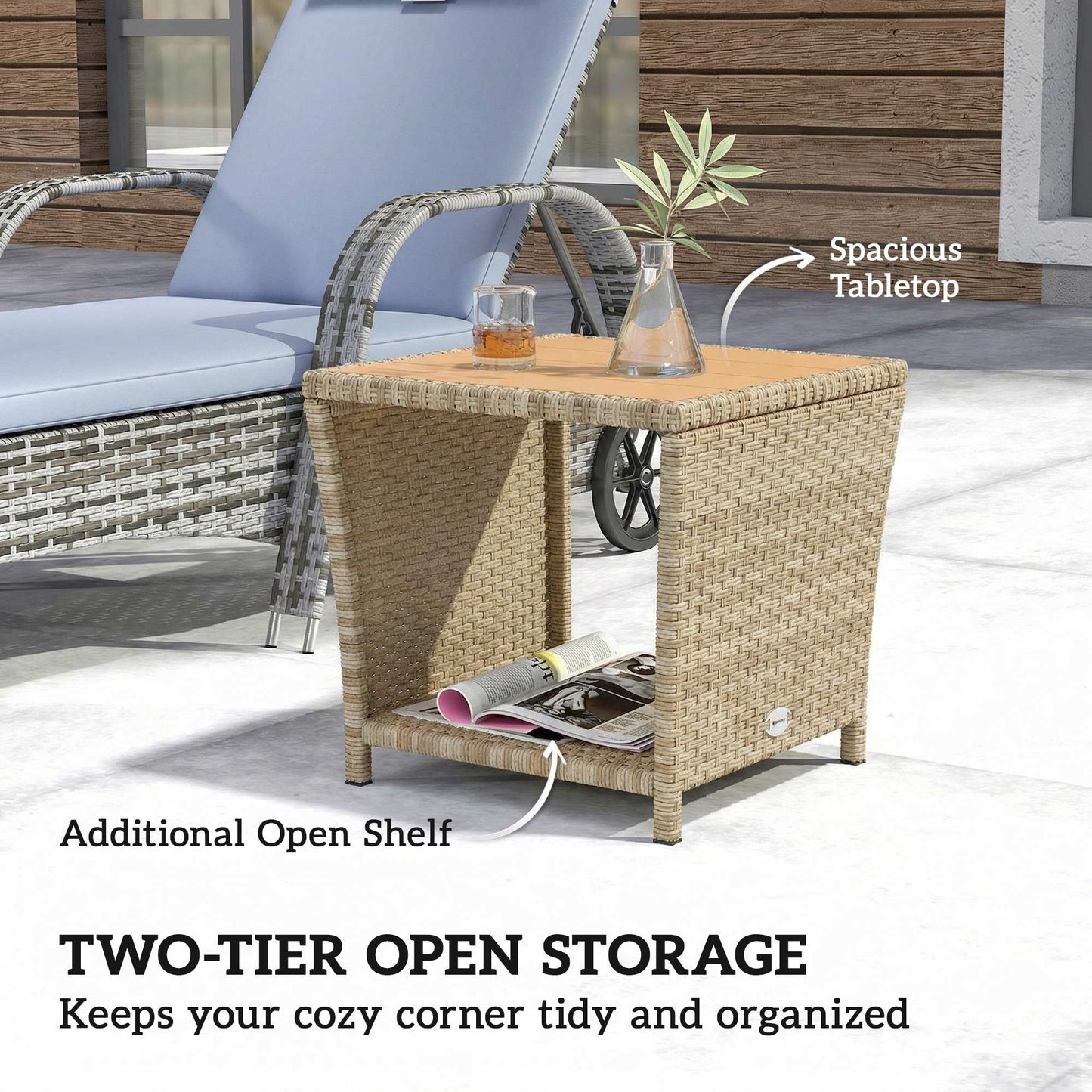 Outsunny Side Table 2 Tier Outdoor Coffee Table With Storage Shelf PS Wood Slat Top Khaki