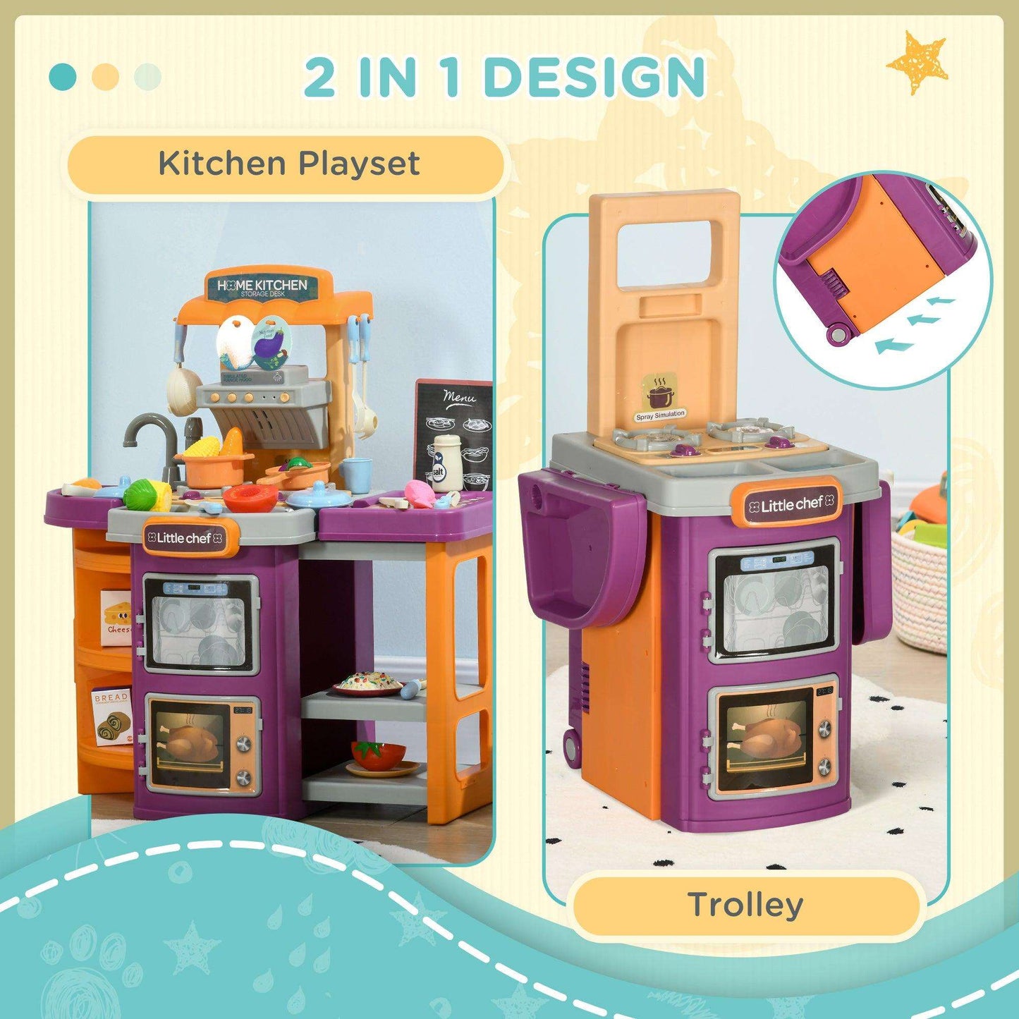 AIYAPLAY 49 Pieces Toy Kitchen, Children Trolley w/ Spray Effect, Running Water - ALL4U RETAILER LTD