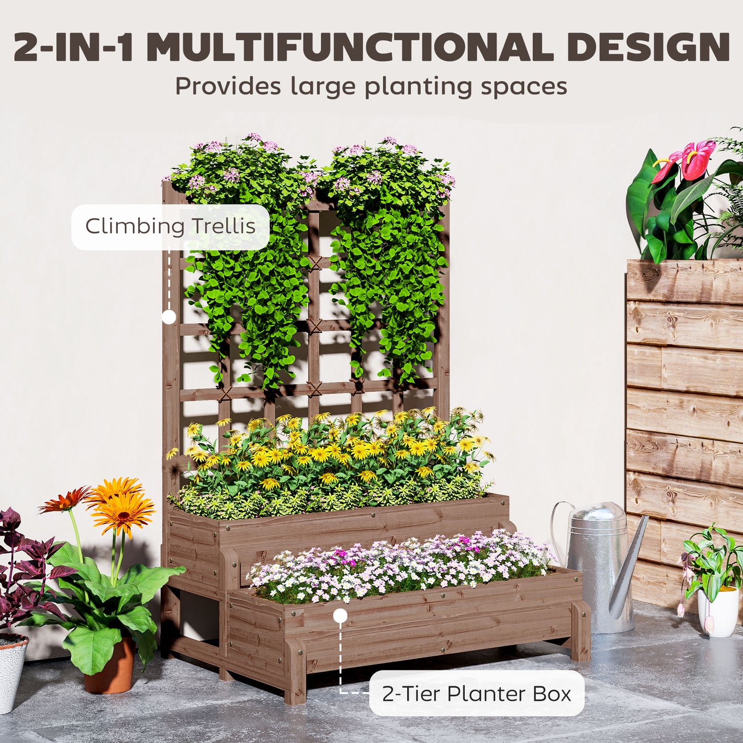 Outsunny 2 Tier Raised Garden Bed With Trellis Wooden Planter Box Drainage Holes For Climbing Plants