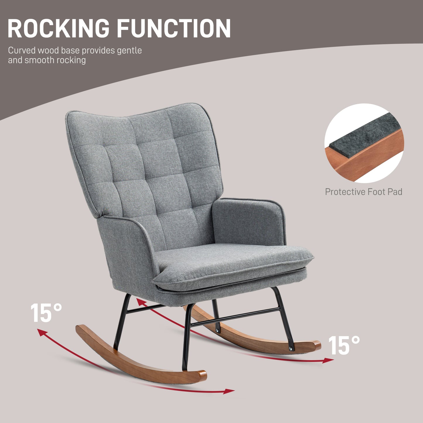 HOMCOM Linen Look Rocking Chair And Ottoman Set Grey With Padded Upholstery And Wooden Rocking Base