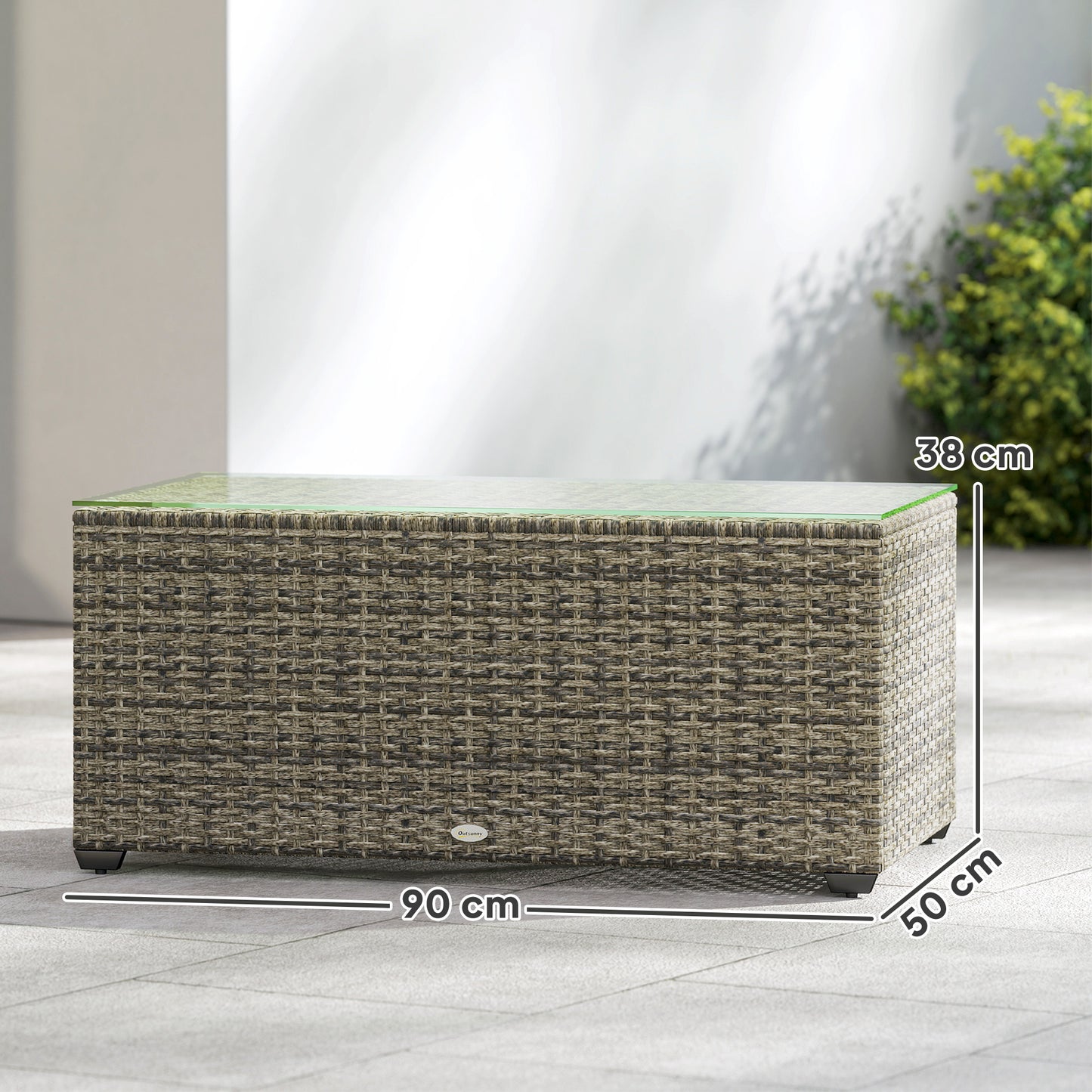 Outsunny 90 x 50cm Glass Top Rattan Side Table Dark Grey Outdoor Garden Furniture With 5mm Tempered Glass