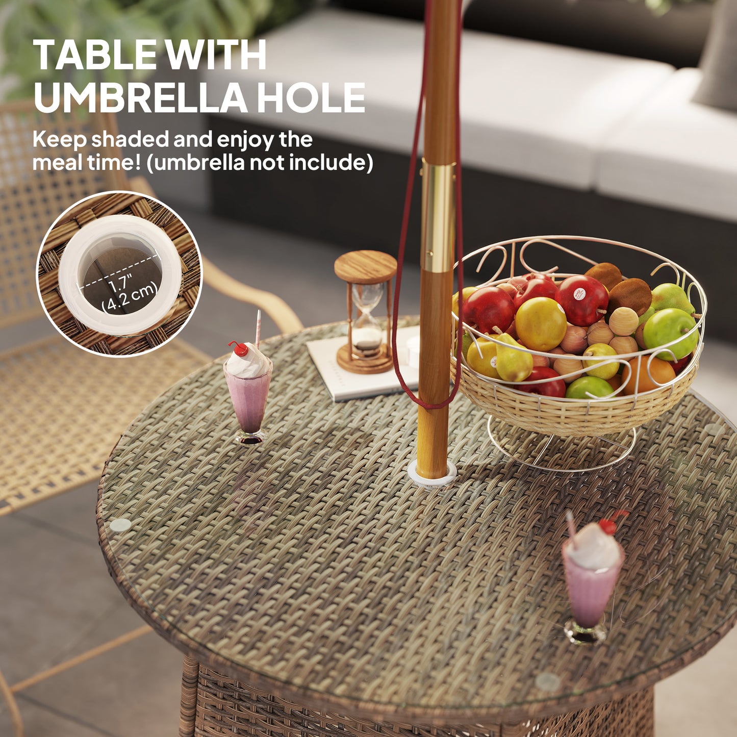 Outsunny Wicker Garden Rattan Coffee Table With Umbrella Hole And Tempered Glass Top Brown Outdoor Patio Furniture