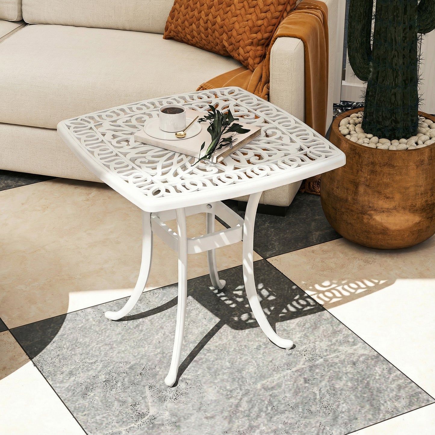 Outsunny Outdoor Cast Aluminium Patio End Table For Garden With 38mm Umbrella Hole And Anti Slip Foot Pads