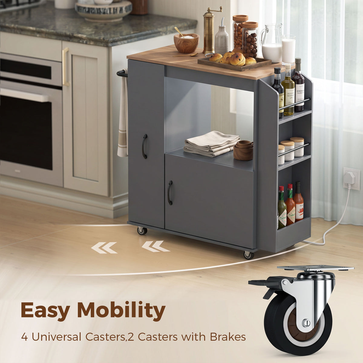 HOMCOM Grey Kitchen Trolley Cart With Power Outlet Drawer