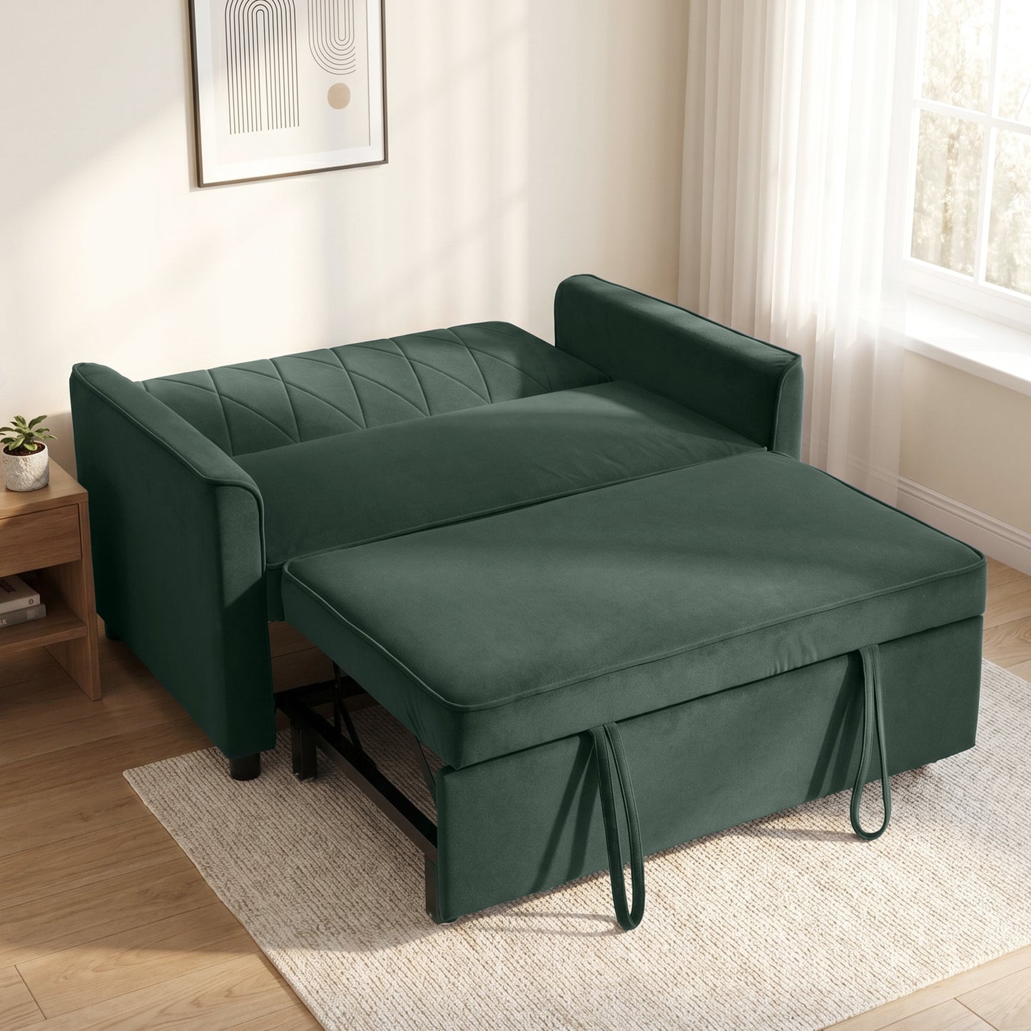 HOMCOM 2 Seater Sofa Bed 3 In 1 Convertible Pull Out Sleeper With Clik-Clack Adjustable Backrest Dark Green Velvet