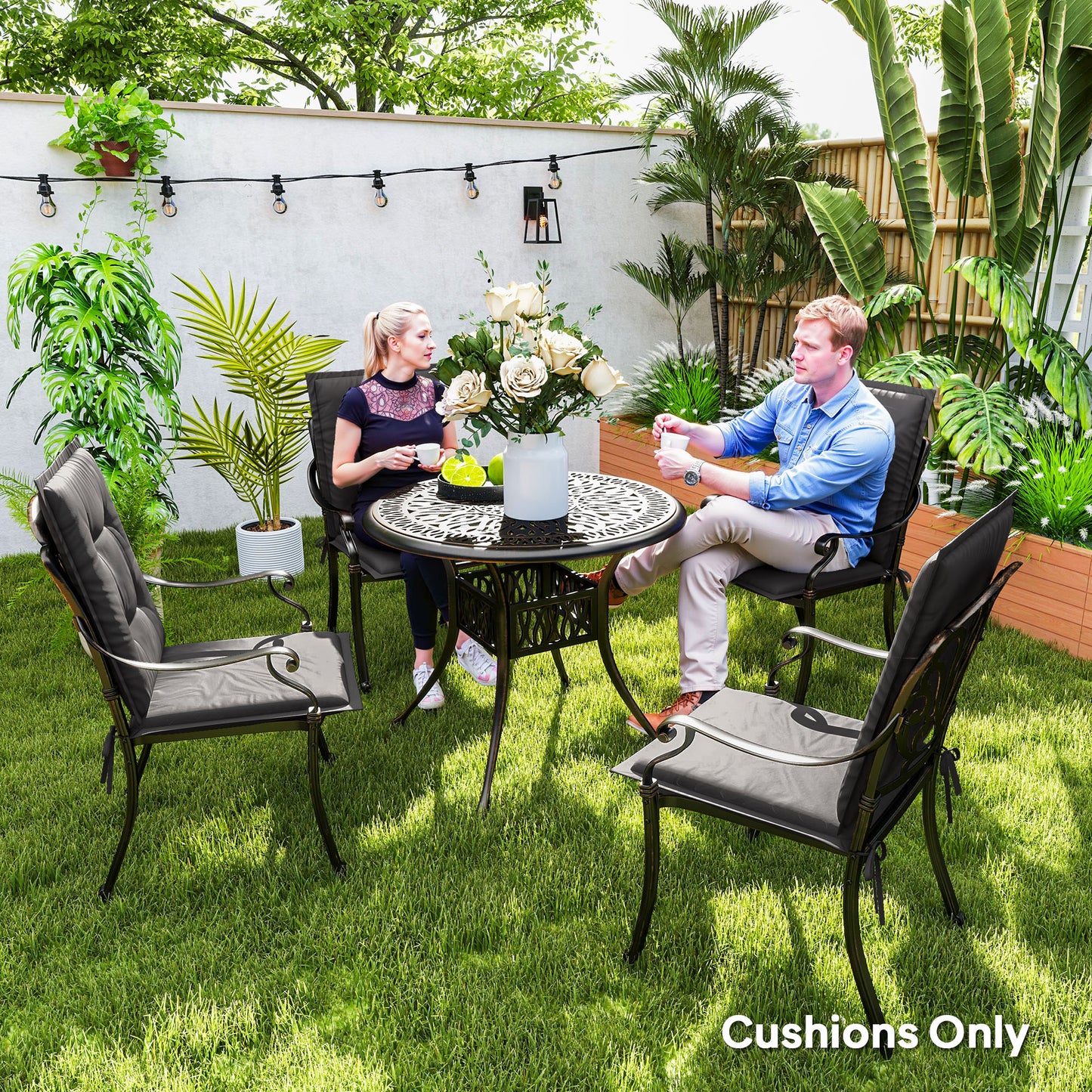 Outsunny Charcoal Grey Padded Garden Seat Cushions Set Of Four With Tufted Back And Tie Fastenings