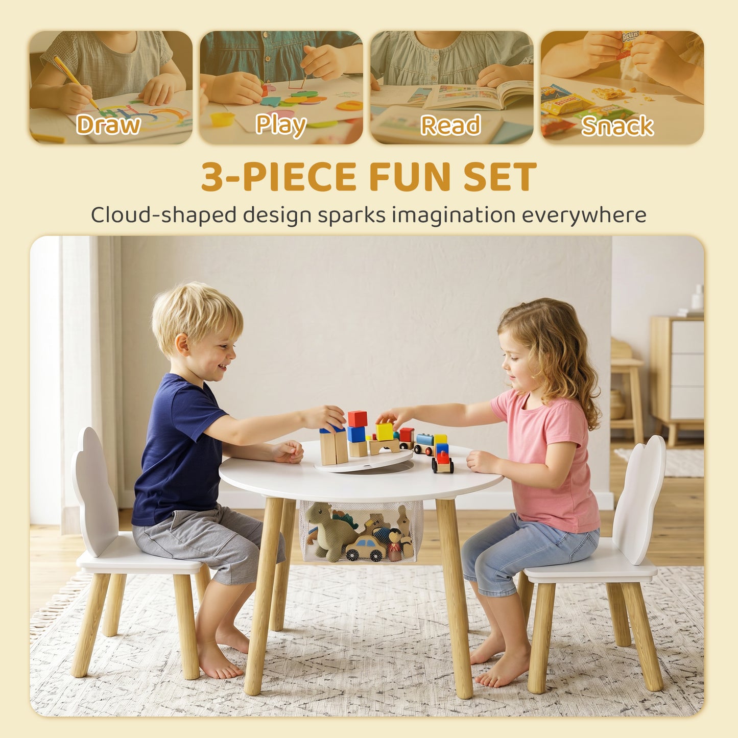 AIYAPLAY Kids Toddler Table and Chairs Set With Storage Bag 3 Piece for Playroom White Durable