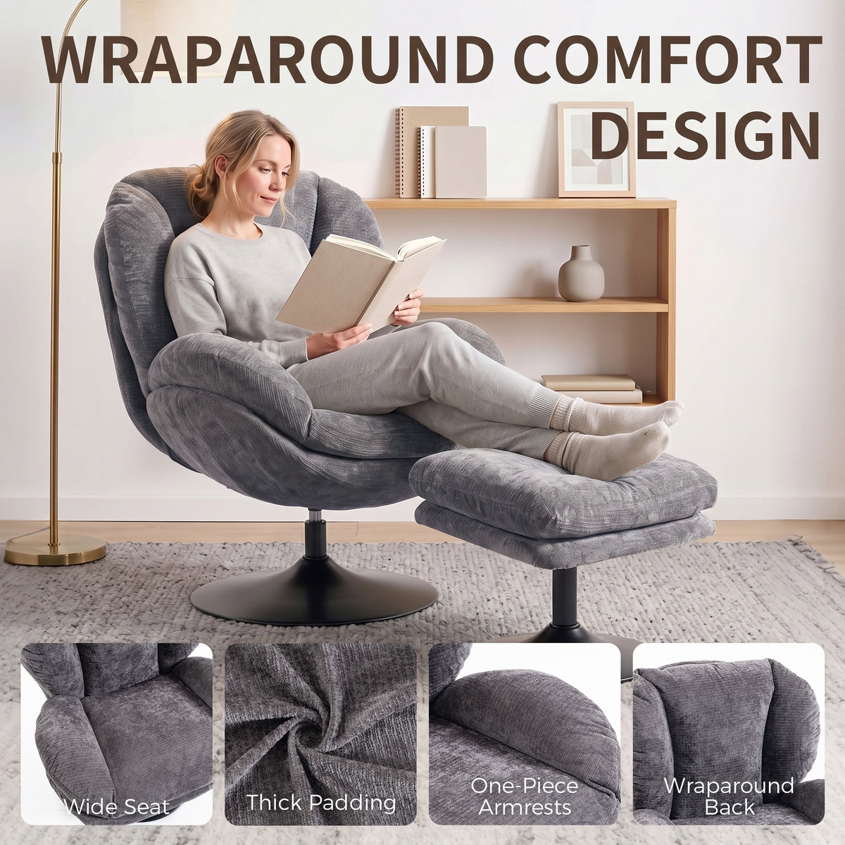 HOMCOM 360 Degree Chenille Swivel Accent Chair With Ottoman for Living Room Dark Grey