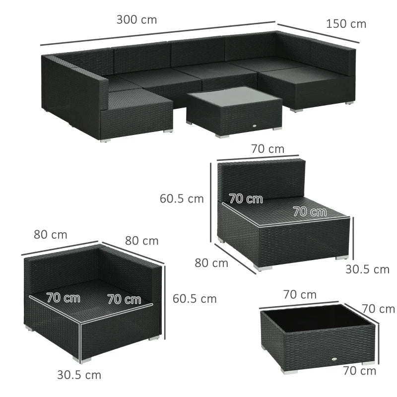 Outsunny 7PC Rattan Garden Furniture Set Coffee Table Buckle Structure, Black - ALL4U RETAILER LTD