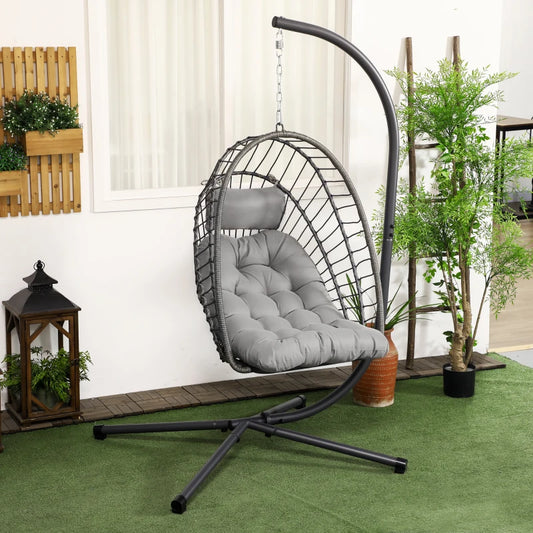Outsunny Outdoor PE Rattan Swing Chair with Cushion, Garden Foldable Basket Patio Hanging Egg Chair with Metal Stand and Headrest, for Indoor and Outdoor Use - Light Grey