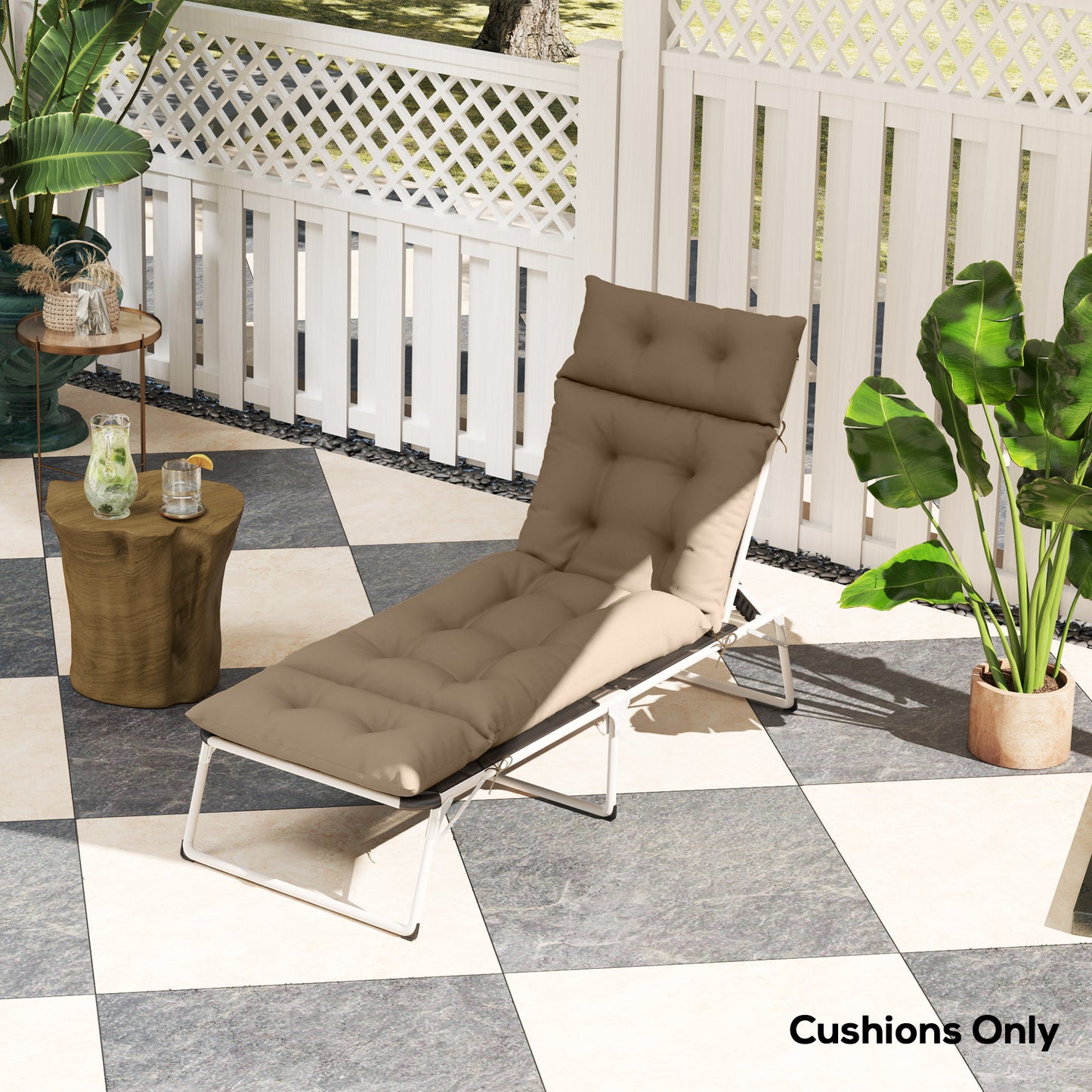 Outsunny Sun Lounger Cushions Set 190x56x10cm Khaki With 6 Ties UPF20 Plus 220gsm Durable Sunbed Cushions